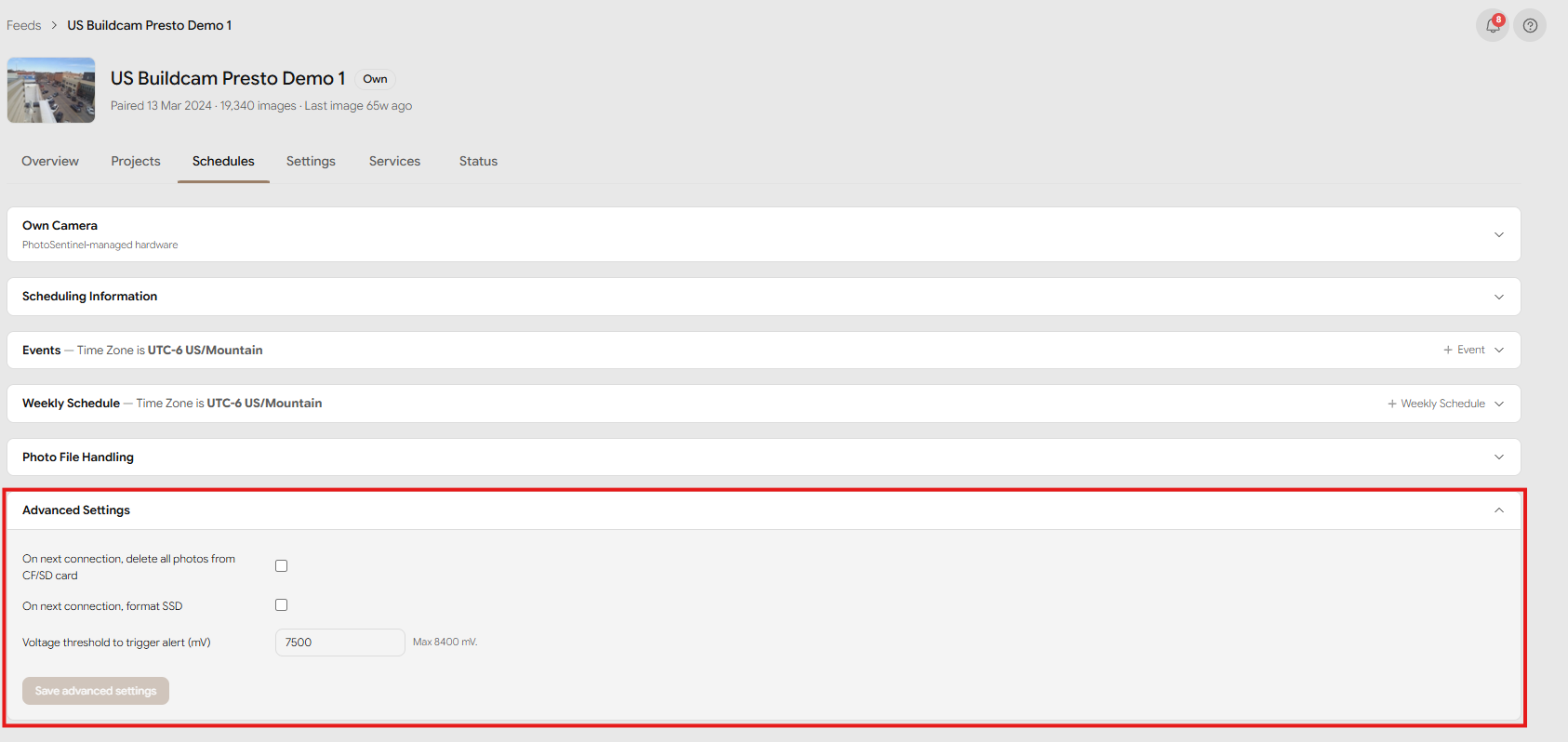 The Advanced Settings block with the format, delete, and voltage-threshold options
