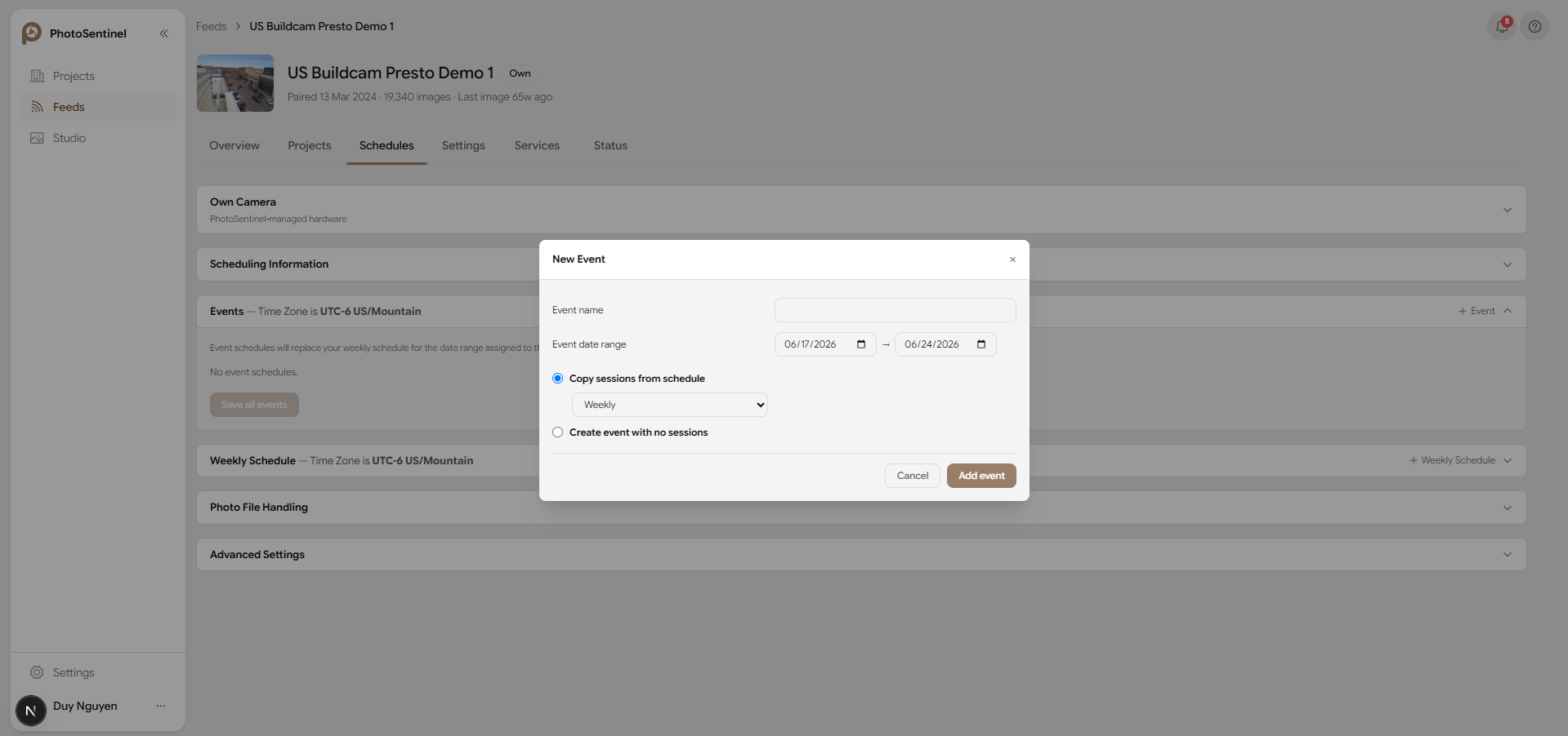 The New Event dialog with event name, date range, and copy-sessions options