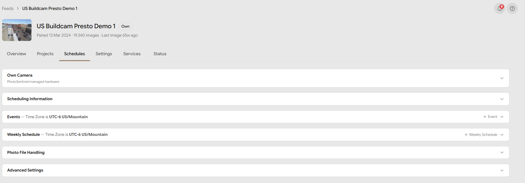 The Schedule tab showing the Scheduling Information, Events, Weekly Schedule, Photo File Handling, and Advanced Settings blocks