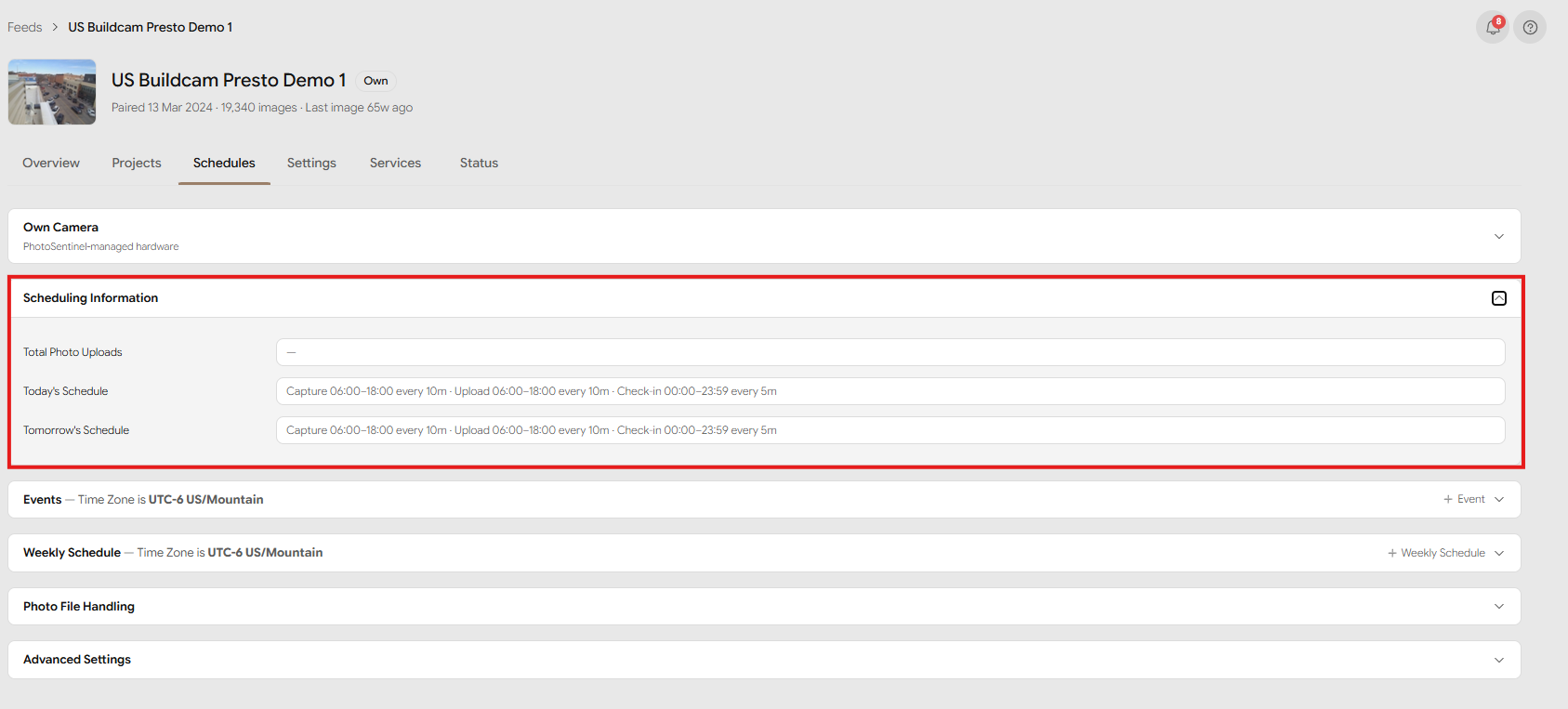 The Scheduling Information block showing Total Photo Uploads and today's/tomorrow's schedule