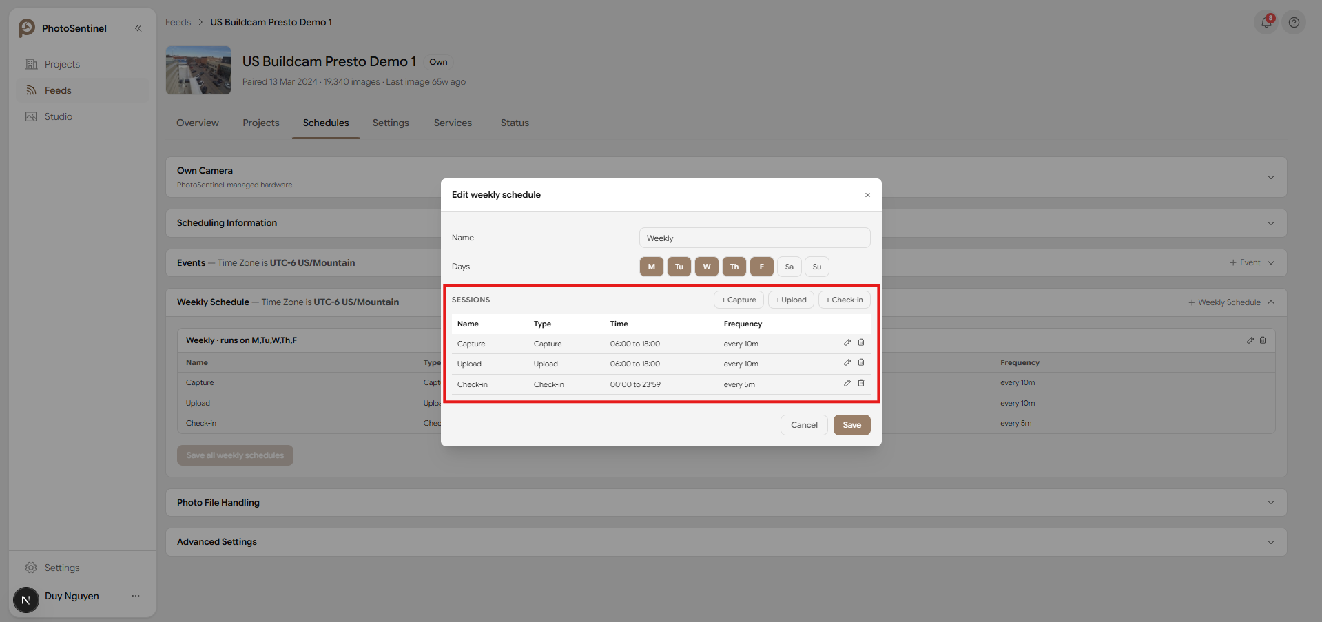 The Add session dialog showing Type, Start/End time, and Frequency