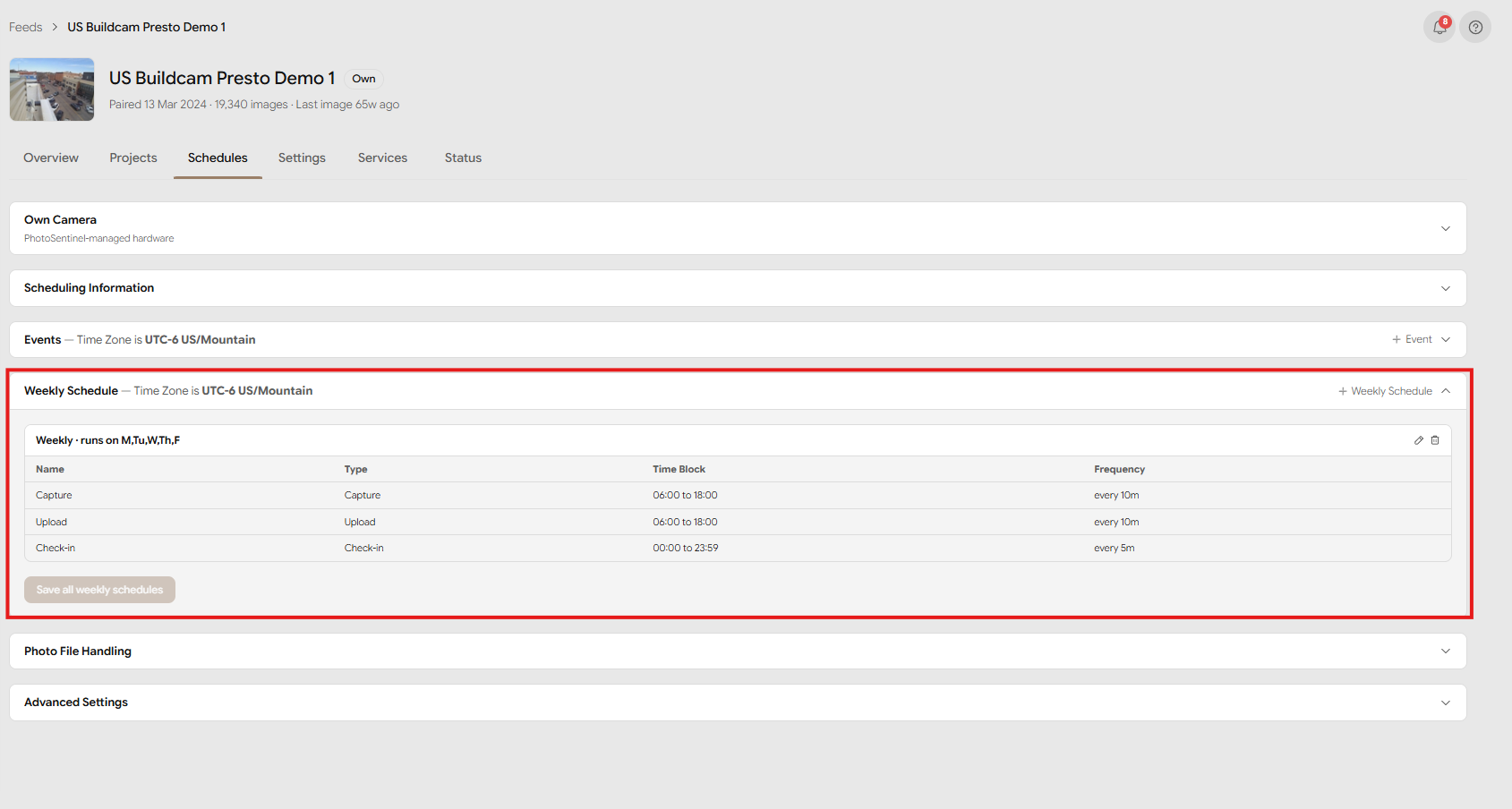 A completed weekly schedule card listing its Capture, Upload, and Check-in sessions