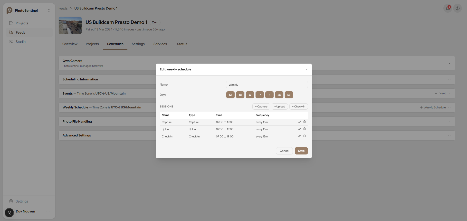 The Add weekly schedule dialog with Name, Days, and Sessions
